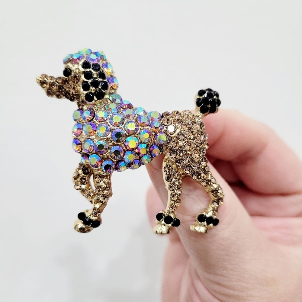 Brand New Gold Tone Rainbow Rhinestone Dog Brooch Pin